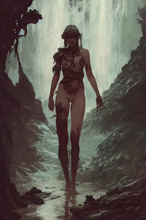 Image similar to a full body portrait of a beautiful post apocalyptic offworld nordic necromancer swimming by the waterfalls, intricate, elegant, highly detailed, digital painting, artstation, concept art, smooth, sharp focus, illustration, art by krenz cushart and artem demura and alphonse mucha