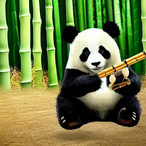 Prompt: a cute panda playing wooden flute in a bamboo forest