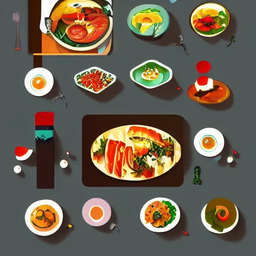 Prompt: naive painting page, food, waiter, app illustration, award - winning, on artstation, 4 k