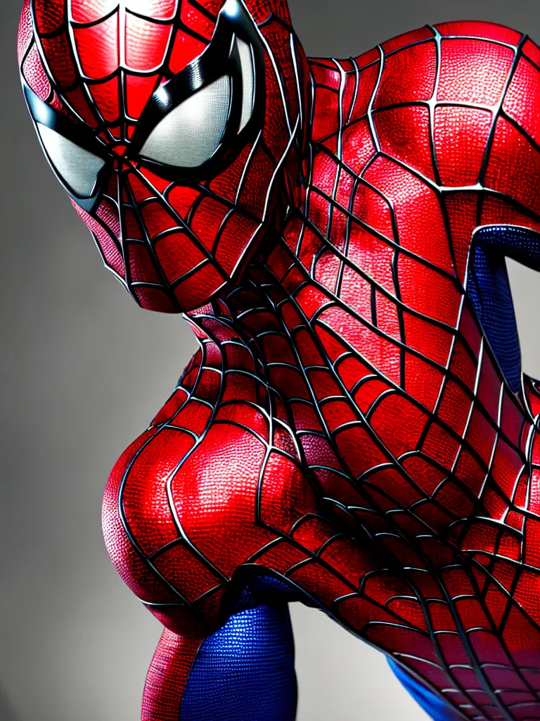 Image similar to spider man all metal suit, red chrome, shiny, reflective, metallic, 3 d render, realistic, hdr, stan winston studios, dramatic lighting, mirror finish