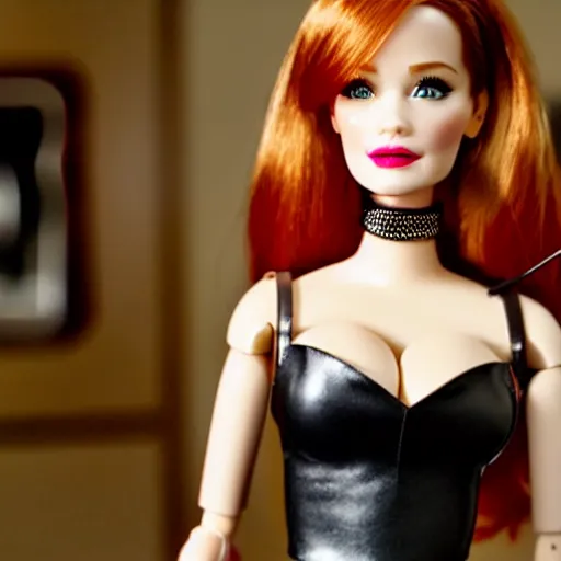 Image similar to amazing beautiful Christina Hendricks barbie doll wearing leather in the living room, film still from the movie directed by Denis Villeneuve , wide lens