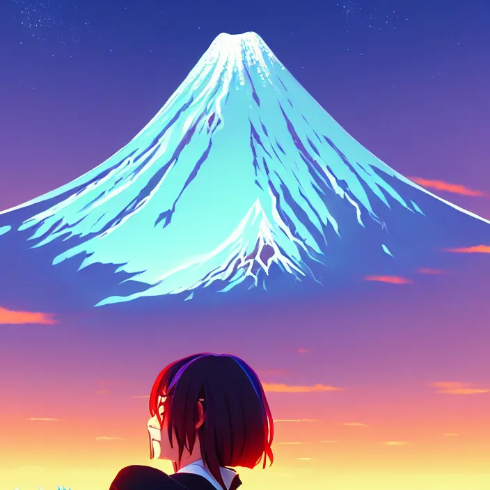 Image similar to portrait of the undertaker, mount fuji background, rich vivid colors, ambient lighting, dynamic lighting, 4 k, hq, official media, anime key visual, makoto shinkai, ilya kuvshinov, lois van baarle, rossdraws, detailed, trending on artstation