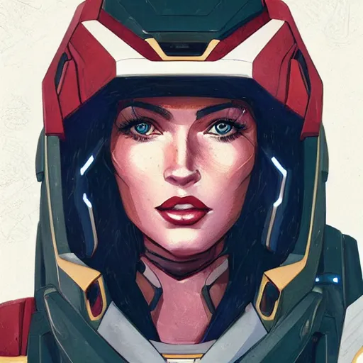 Prompt: portrait of beautiful megan fox gundam pilot, with an intricate, detailed, urban inspired hiphop afro futuristic helmet, vector behance hd jesper ejsing, rhads, makoto shinkai, lois van baarle, ilya kuvshinov, rossdraws, hd, 3 2 k, ilya kuvshinov, gustav klimt