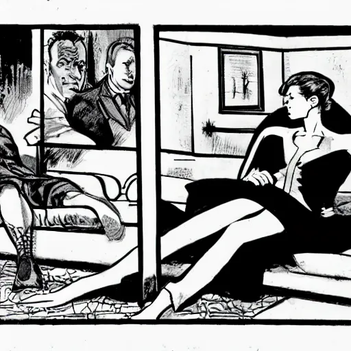 Image similar to comic-book panel of a woman laying back on a chaise lounge with cigarette in her hand while Rorschach from Watchmen asks her psychological questions