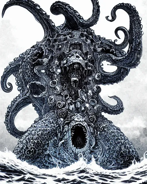 Image similar to A huge blue kraken in a vast sea, terrifying, black and white, fantasy art, monster art, in the style of masami kurumada, illustration, epic, fantasy, intricate, hyper detailed, artstation, concept art, smooth, sharp focus, ray tracing