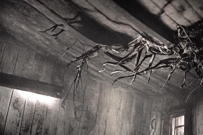 Image similar to film still of a six legged monster clinging to the ceiling of an old cabin's living room, horror movie, eerie, creepy, dark, amazing lighting, great cinematography, directed by scott derrickson