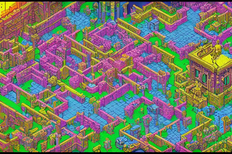 Image similar to isometric pixelart intricate flourescent complex wimmelbild illustration of dungeon room map by greg rutkowski and Ryōma Itō and dan mumford and möbius trending on artstationin the style of Ghibli and 1960s Americana Comics HQ 8K scan