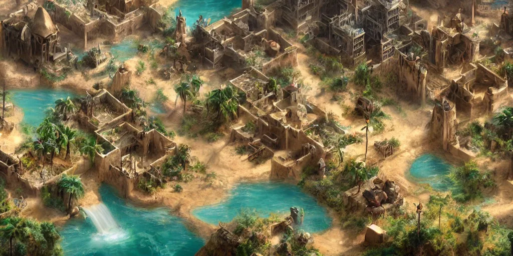 Prompt: Sprawling bustling high fantasy oasis desert village flowing with water, Cinematic Matte Painting, Insanely Detailed, Award Winning, Trending on Artstation, 8k, UHD