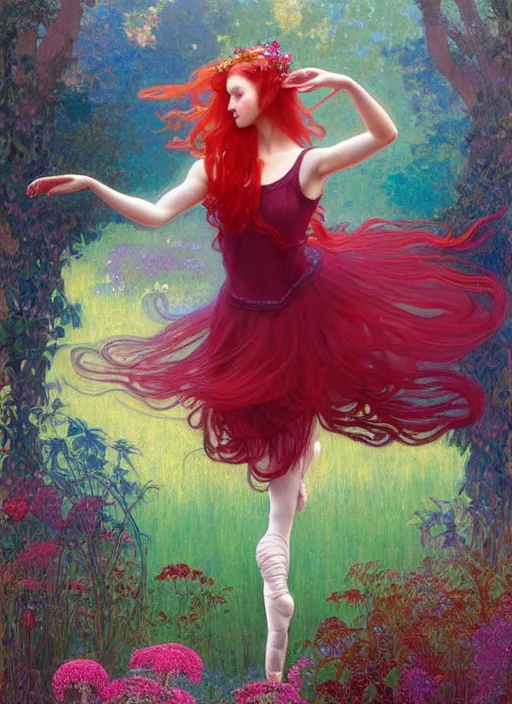 Image similar to pretty young woman resembling alicia vikander with long red hair as a ballerina, dancing among the puddles, path traced, highly detailed, high quality, digital painting, by studio ghibli and alphonse mucha, leesha hannigan, hidari, art nouveau, chiho aoshima, jules bastien - lepage