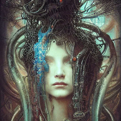 Image similar to cyberpunk medusa by gustave dore and gustave moreau and beksinski and giger and craig mullins and jeremy mann