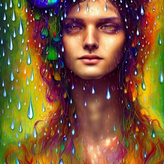 Prompt: bright portrait surrounded by psychedelic mushrooms with rain on face and wet hair, smiling, diffuse overhead lighting, fantasy, intricate, elegant, dramatic lighting, highly detailed, lifelike, photorealistic, digital painting, artstation, illustration, concept art, smooth, sharp focus, art by John Collier and Albert Aublet and Krenz Cushart and Artem Demura and Alphonse Mucha