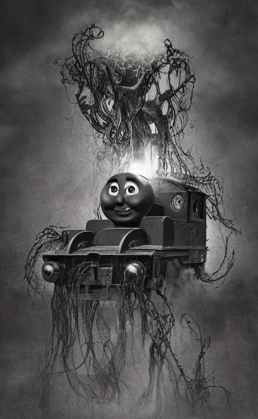 Image similar to thomas the tank engine in style of zdzisław beksinski, extremely dramatic lighting, 8 k, tendrils, black, darkness, black slime tendrils, infected, rust, body horror, thomas the train, thomas the tank engine face, horror,