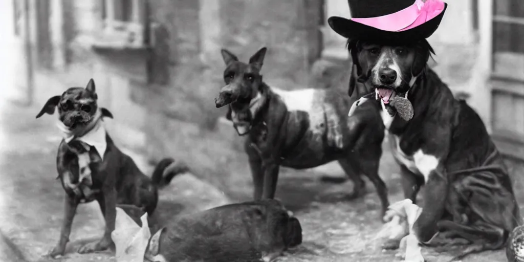 Image similar to pink dog wearing a fedora and smoking a cigar in 1 9 3 0 s france