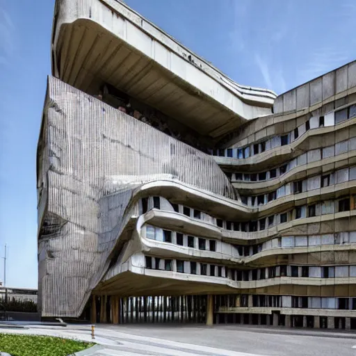 Prompt: a giant library built in brutalist architecture, diverse unique building geometry full of shapes and corners