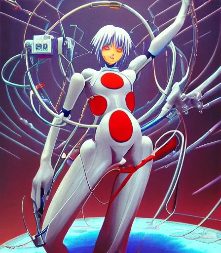 Image similar to female anime character Rei Ayanami cyborg in the center giygas epcotinside a space station eye of providence Beksinski Finnian vivid HR Giger to eye hellscape mind character