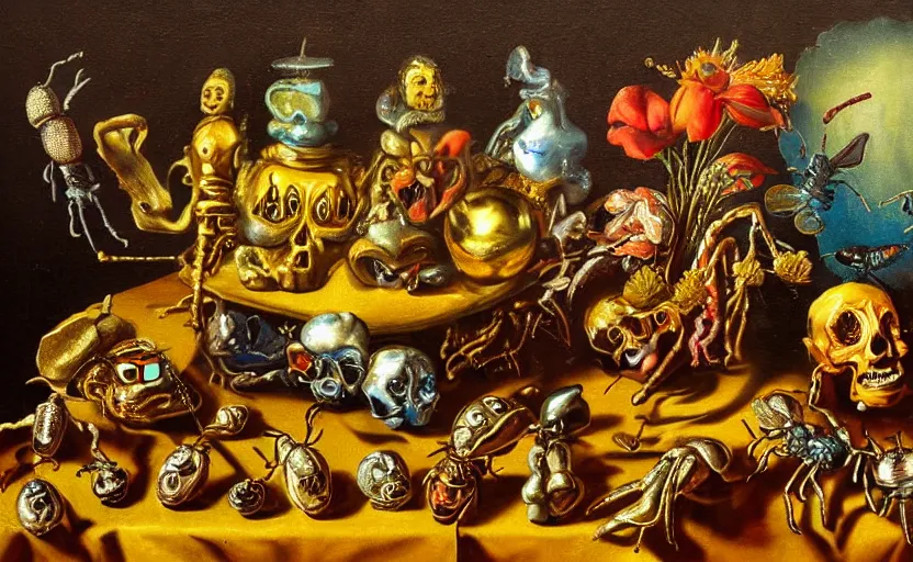 Image similar to disturbing colorful oil painting dutch golden age vanitas still life with bizarre humanoid faces strange beautiful flowers complex metal objects shiny gooey surfaces shiny metal bizarre insects rachel ruysch dali todd schorr very detailed perfect composition rule of thirds masterpiece canon 5 0 mm, cinematic lighting, chiaroscuro