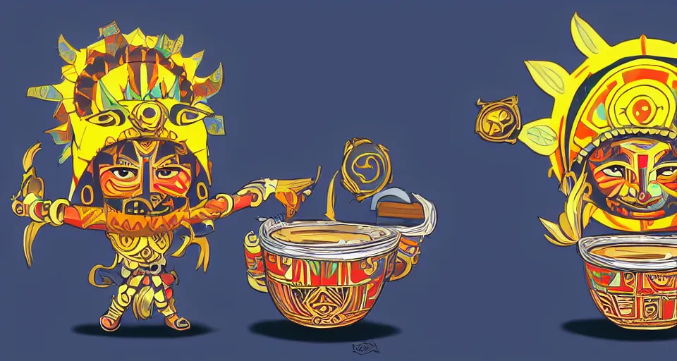 Image similar to an aztec sun god chibi character, holding a comically large cup of coffee, in the style of hownosm and james jean, ultimate collab, epic, digital art, 3 d, h 9 6 0