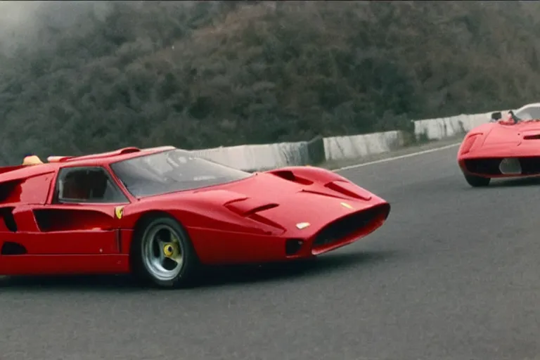 Image similar to vintage archival race footage of a single 1965 Ferrari F40, with elements of the De Tomaso Pantera, Lotus, GT40, BMW M1, and Countach, movie still, speed, cinematic Panavision 5384 film