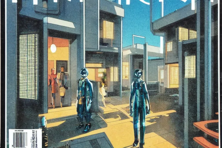 Image similar to 1 9 7 9 omni magazine cover of gated community in japan. large modern houses. cyberpunk style by vincent di fate