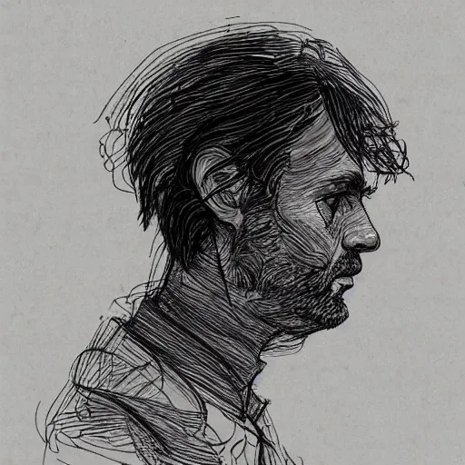 Image similar to a realistic yet scraggly portrait sketch of the side profile of a stern and sophisticated jonny greenwood, trending on artstation, intricate details, in the style of frank auerbach, in the style of sergio aragones, in the style of martin ansin, in the style of david aja, in the style of mattias adolfsson