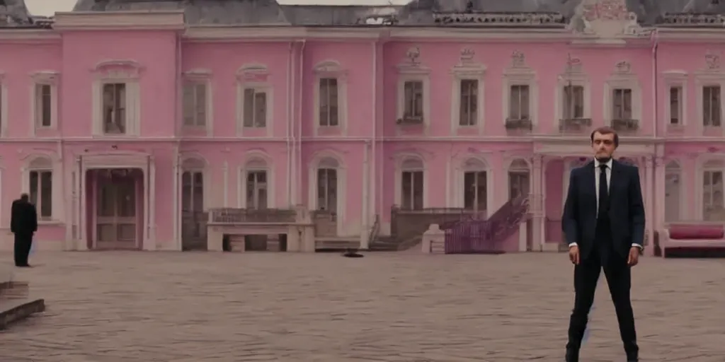 Image similar to still of Emmanuel Macron in The Grand Budapest Hotel (2014), cinematic