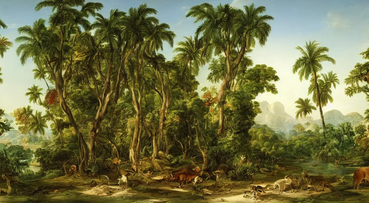 Image similar to a beautiful painting of tropical plants and animals, by asher brown durand