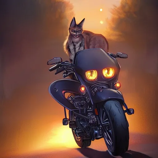 Prompt: cute fluffy caracal riding a harley motorcycle, road, sunset. adventurous, atmospheric lighting, stunning. by ted nasmith, makoto shinkai, rossdraws, james jean, andrei riabovitchev, marc simonetti, krenz cushart, trendig on artstation, digital art