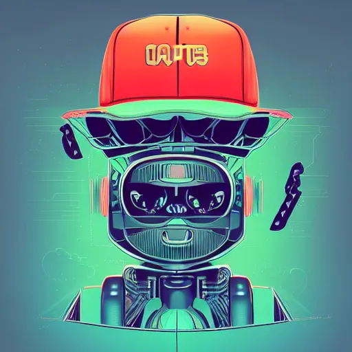 Image similar to a half robot cat wearing a hat, outrun, vaporware, shaded flat illustration, digital art, trending on artstation, highly detailed, fine detail, intricate