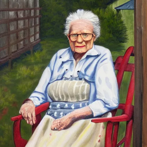 Image similar to painting of an elderly woman sitting in a rocking chair on a porch, appalachian folk art