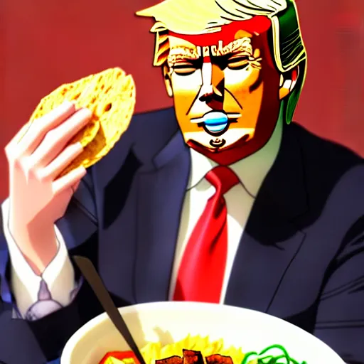 Image similar to beautiful makoto shinkai anime style digital painting portrait of donald trump eating a taco bowl, 4 k, 8 k, hd, high resolution, highly detailed, intricate detail, ultra realistic faces, digital art, trending on artstation, your name, weathering with you
