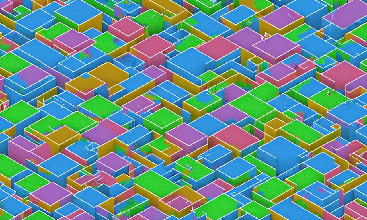 Prompt: tetris blocks, monet color roofs birdview, wizards, nordic pastel colors, abandoned railroads, 3 d art, digital illustration, perfect lighting