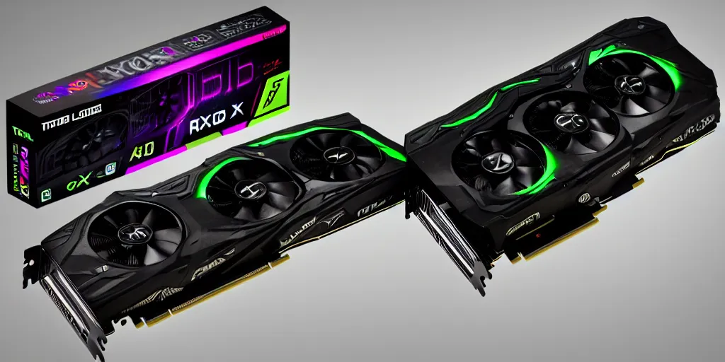 Prompt: product photo of triple wide extra long gtx rtx 4 0 9 0 nvidia gpu graphics card dramatic black background neon lighting gamer hardware