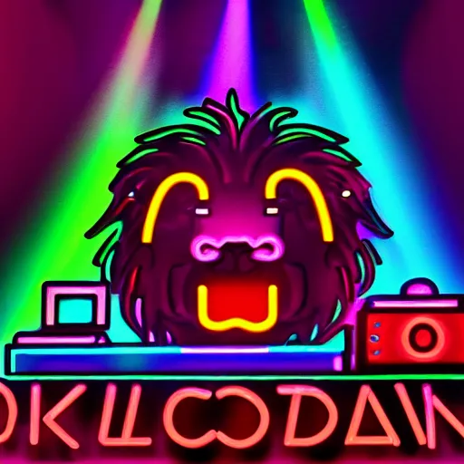 Image similar to black canvas, lion, neon lights, strawberry, dj, volumetric lighting