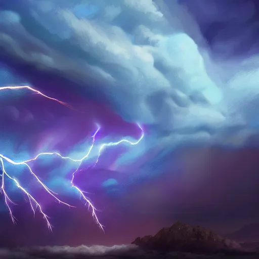 Prompt: Mythical Blue and Purple Thunderbird Flying Through a Heavy Thunderstorm over a Tropical Island, Dark Clouds, Lightning, Epic Fantasy, Digital Art Trending on Artstation