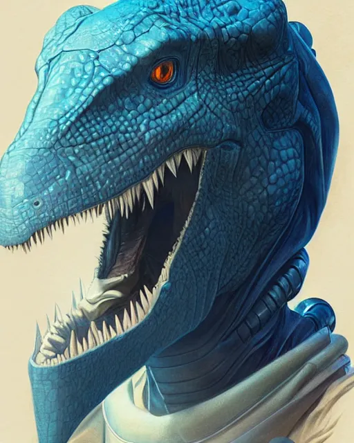 Prompt: portrait of dinosaur, spacesuit, blue eyes, real life skin, intricate, elegant, highly detailed, artstation, concept art, smooth, sharp focus, art by artgerm and greg rutkowski and alphonse mucha