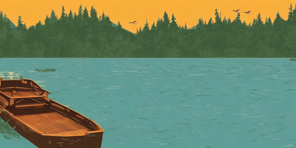 Image similar to An illustration in the style of Firewatch featuring a river surrounded by forest and fields. A boat is slowly moving through the water