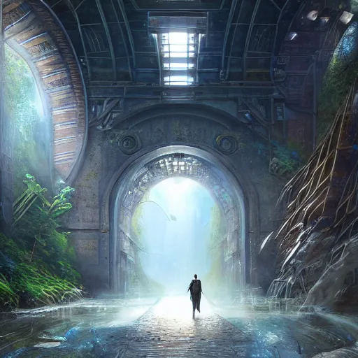 Prompt: paradise at the end of the tunnel concept art by Doug Chiang cinematic, realistic painting, high definition, digital art, symmetrical, very detailed, extremely high detail, photo realistic, concept art, unreal engine 5, album cover,