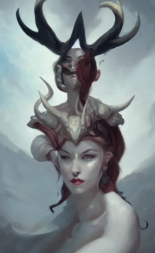 Prompt: a digital painting of a fully dressed woman with horns on her head, concept art by peter mohrbacher, featured on cgsociety, fantasy art, cosmic horror, artstation hd, dark and mysterious