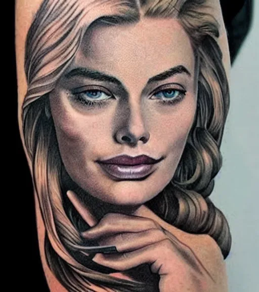 Image similar to tattoo design sketch mash up of margot robbie with beautiful mountain scenery, double eposure effect, in the style of arlo dicristina, surrealist, amazing detail, sharp