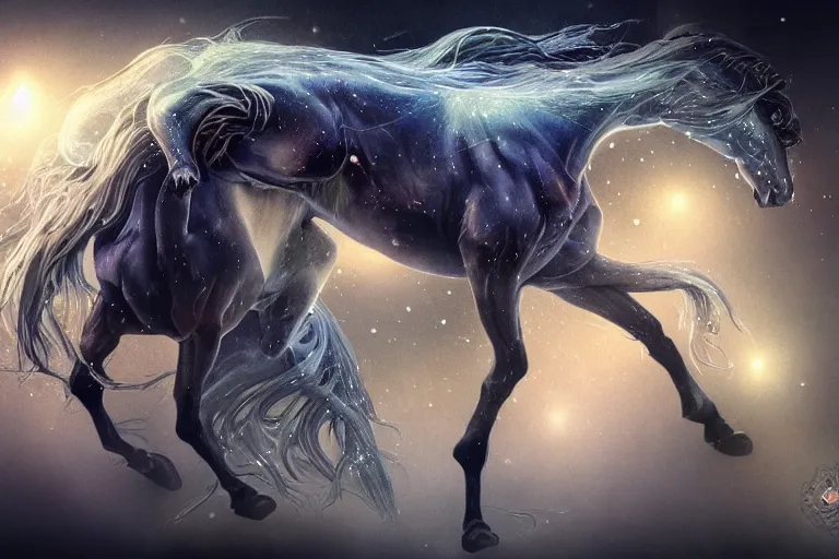 Image similar to a wlop 3 d render of very very very very highly detailed beautiful mystic portrait of a phantom undead horse with whirling galaxy around, tattoos by anton pieck, intricate, extremely detailed, digital painting, artstation, concept art, smooth, sharp focus, illustration, intimidating lighting, incredible art,