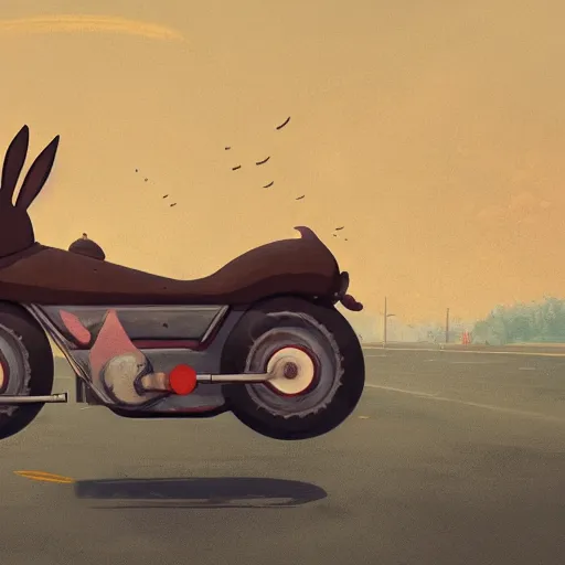 Image similar to bunny wearing a leather jacket riding a motorbike by simon - stalenhag!!!, ultra detailed, 8 k resolution, rule of thirds, dynamic pose, action pose, beautiful landscape