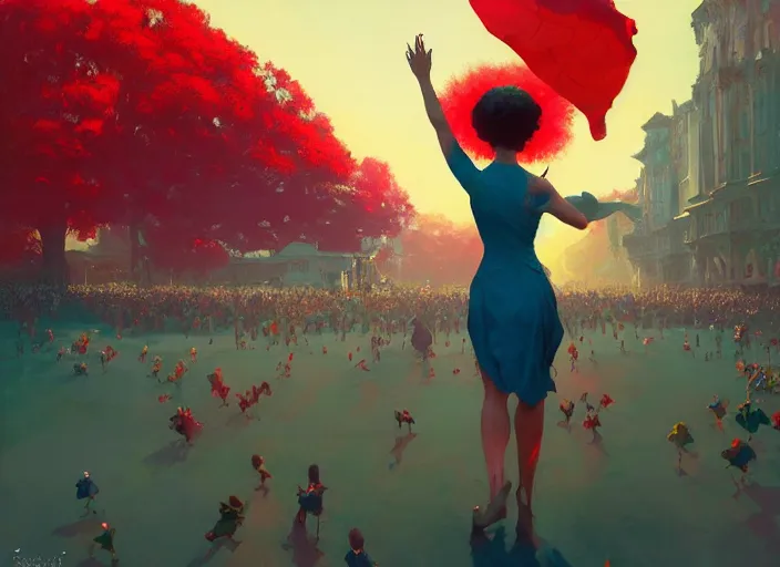 Image similar to gorgeous bright girl waving a red flag over her head running through Mandelbrot fractal crowd by Craig Mullins, ilya kuvshinov, krenz cushart, artgerm trending on artstation by Edward Hopper and Dan Mumford and WLOP and Rutkovsky, Unreal Engine 5, Lumen, Nanite