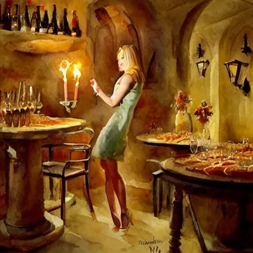 Image similar to hot blonde in tight dress in a wine cellar, food, pork, beer, schnapps, rustic, traditional, torches on the wall, watercolor by vladimir volegov, highly detailed, masterpiece