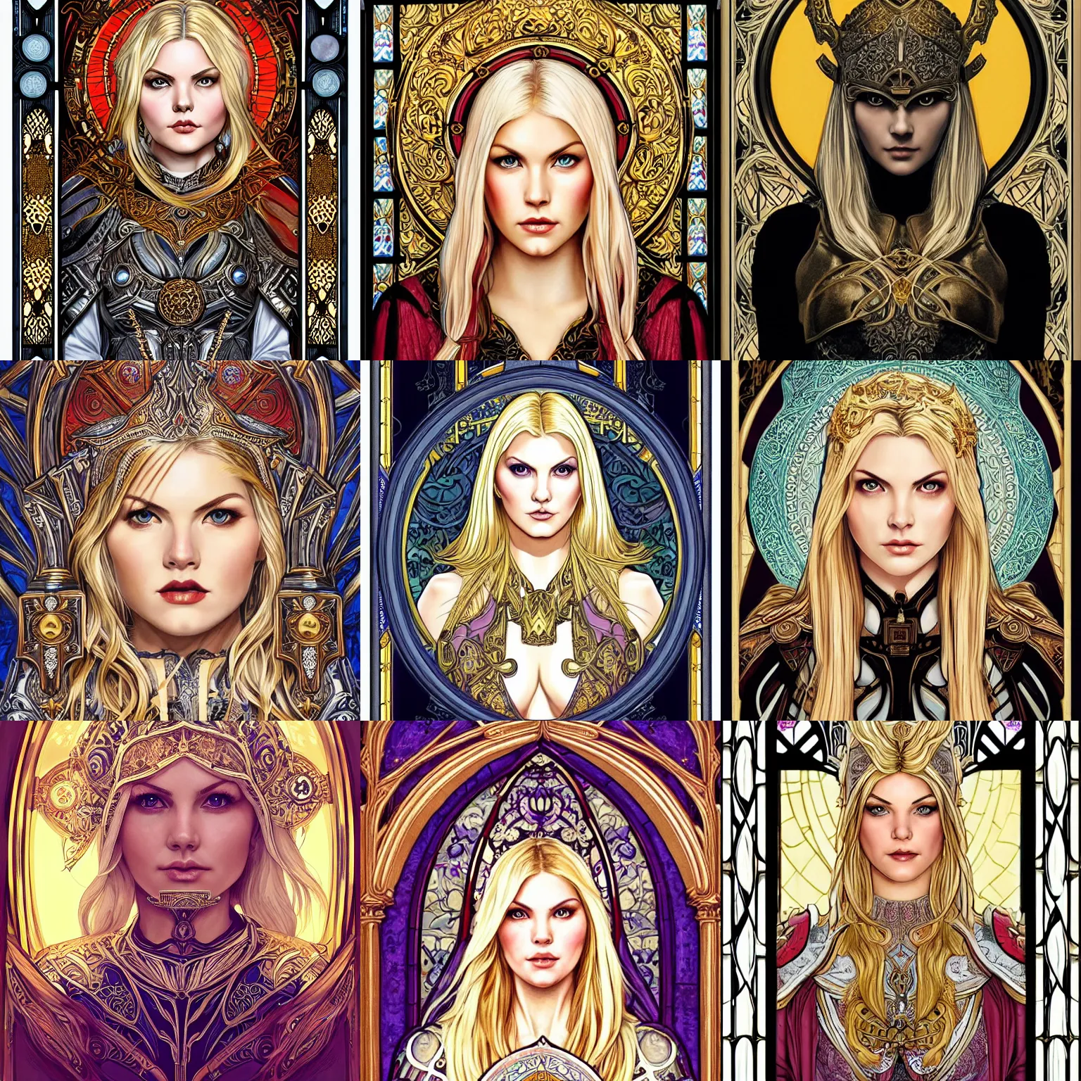 Prompt: head-on symmetrical centered painted portrait, Elisha Cuthbert as a paladin, blonde hair, golden halo, ornate iron armour, art nouveau tarot, fantasy, gothic stained glass, intricate, elegant, highly detailed, smooth, sharp focus, illustration, artstation, in the style of Artgerm and Anna Podedworna and Alex Ross and Mucha