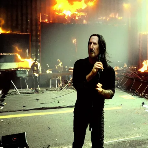 Prompt: nine inch nails performing on the streets of hell movie still