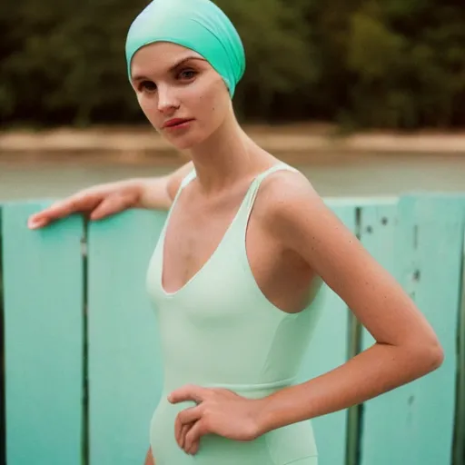 Prompt: a film photography of a woman slender, wearing a mint green one-piece swimsuit, wearing a white bathing cap, sitting on a wooden dock, Lying on back, perpendicular to the camera, low angle 50mm medium shot, Kodak Portra 800, Leica M6 film camera, light film grain, Lying on back, perpendicular to the camera