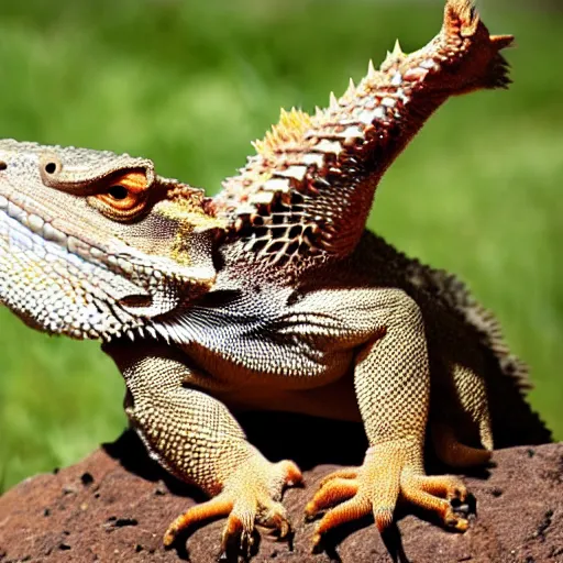 bearded dragon basking in a frying pan | Stable Diffusion