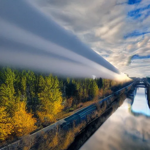 Prompt: low-angle photo aimed at the underside of Edmonton Walterdale bridge, light river mist, river reflection of summer trees and Edmonton Alberta hillside city towers, volumetric light, specular highlights on water, noon, dynamic raised shadows, high dynamic range, highlights reduced, sigma 24mm f8