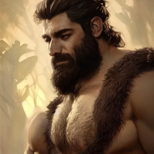 Image similar to portrait of a gruff ranger, muscular, upper body, hairy chest, D&D, fantasy, intricate, elegant, highly detailed, digital painting, artstation, concept art, matte, sharp focus, illustration, art by Artgerm and Greg Rutkowski and Alphonse Mucha