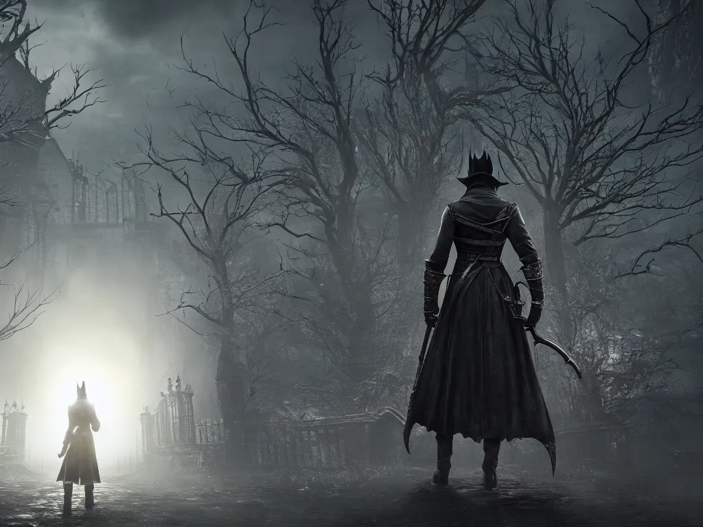 Image similar to bloodborne 2, dark, nighttime, victorian england style, horror, grotesque, serene, haunting, High Definition detail, 8K